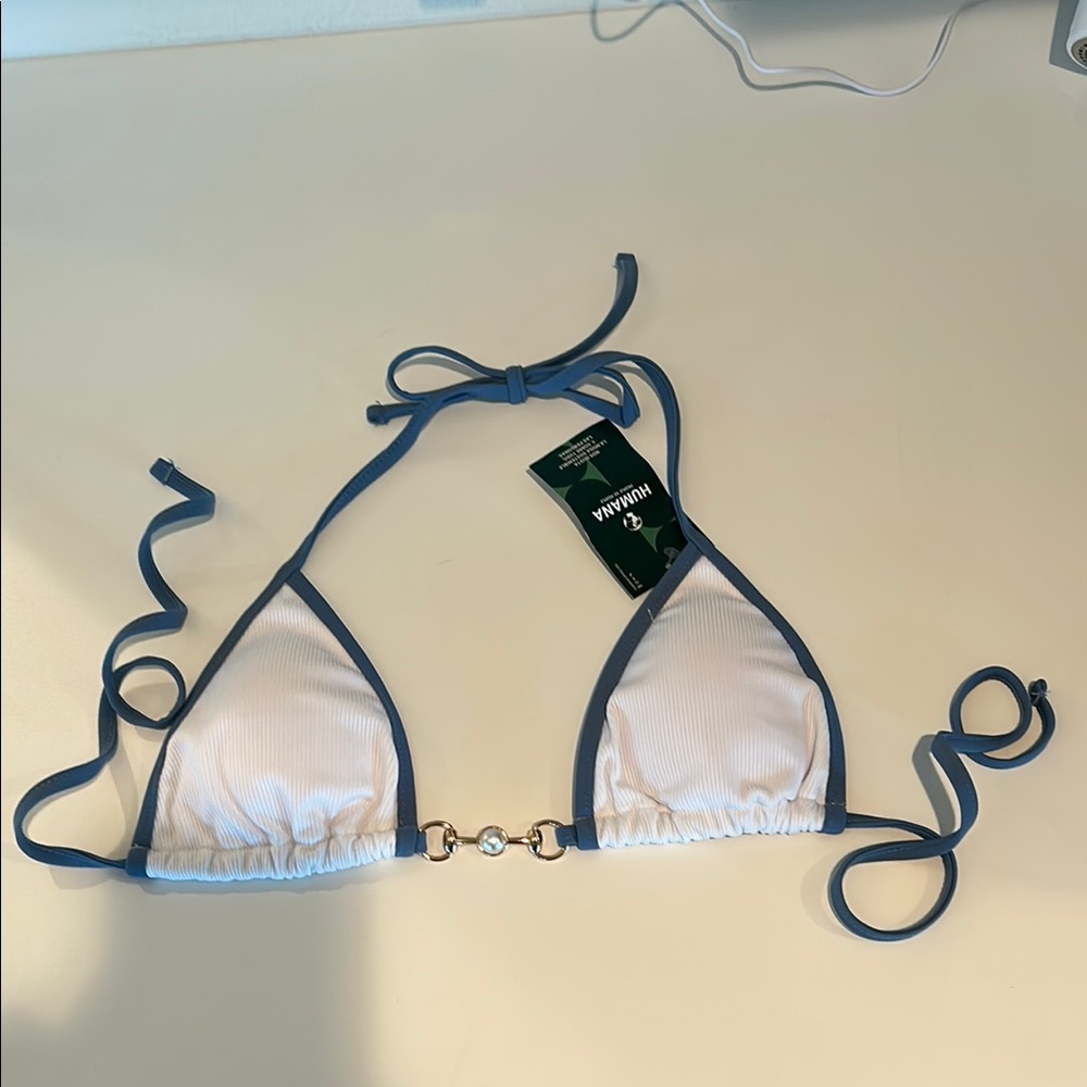 White Bikini Top with blue straps and pearl attachment